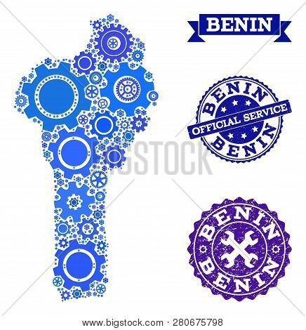 Map Of Benin Composed With Blue Wheel Symbols, And Isolated Rubber Seals For Official Repair Service