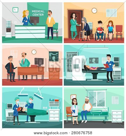 Medical Hospital. Clinical Care, Emergency Nurse With Patient And Hospitals Doctor Vector Cartoon Il