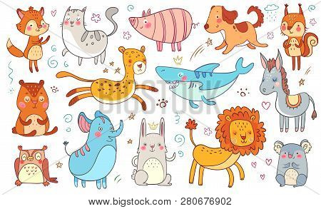 Cute Hand Drawn Animals. Friendship Animal Funny Doodle Cat, Decorative Adorable Fox And Baby Bear I
