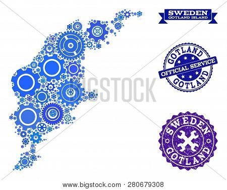Map Of Gotland Island Formed With Blue Cog Symbols, And Isolated Rubber Stamps For Official Repair S