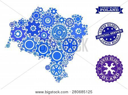 Map Of Lower Silesia Province Formed With Blue Wheel Symbols, And Isolated Grunge Stamps For Officia