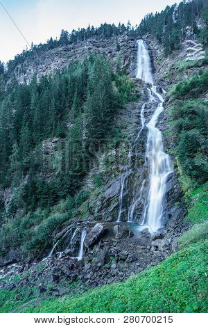 Mountain River And Trees Landscape, Natural Environment. Hiking In The Alps. Oetztal Valley Mountain