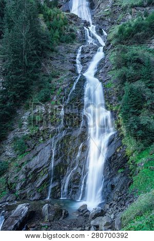 Mountain River And Trees Landscape, Natural Environment. Hiking In The Alps. Oetztal Valley Mountain