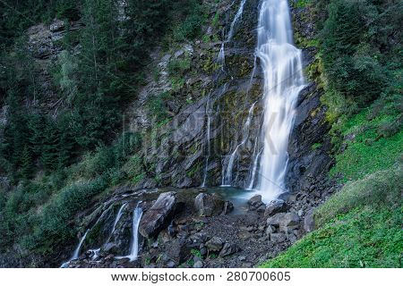 Mountain River And Trees Landscape, Natural Environment. Hiking In The Alps. Oetztal Valley Mountain