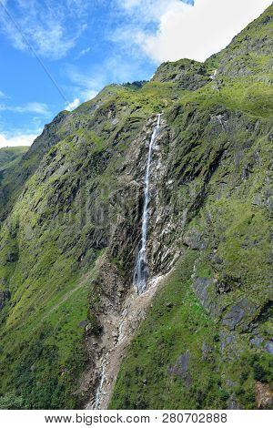 Beautiful Waterfall On The Way To Amjilosa. Trek To Kangchenjunga Base Camp, Nepal
