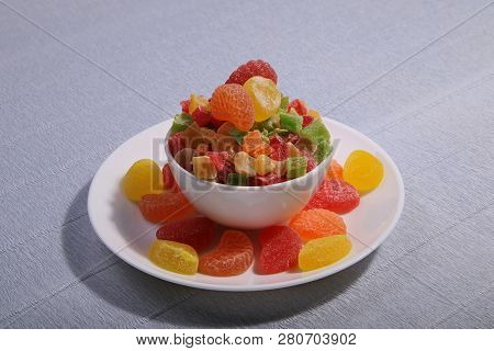 Plates With Sweets. Marmalade And Candied Fruit. White Dishes. Marmalade Slices.