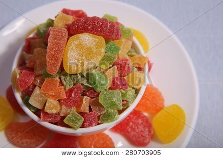 Plates With Sweets. Marmalade And Candied Fruit. White Dishes. Marmalade Slices.