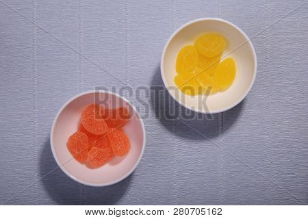 Plates With Sweets. Marmalade On The Dish. White Dishes. Marmalade Slices.