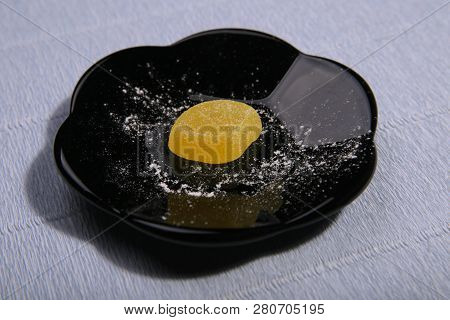 Plates With Sweets. Marmalade On The Dish. Black Dishes. Marmalade Slices.