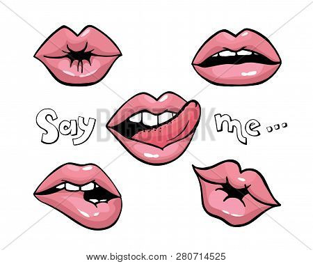 Lips Patch Collection. Vector Sexy Isolated Doodle Womans Lips Expressing Different Emotions Kiss, B