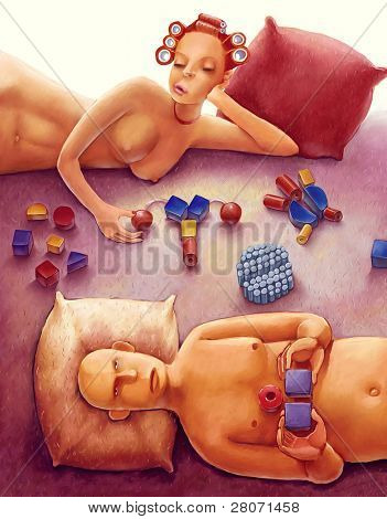illustration af nøgne par i seng, lege med klodser