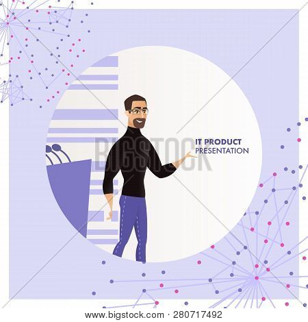 Illustration Man Represent It Product Presentation. Banner Vector Image Bearded Man With Glasses Rep