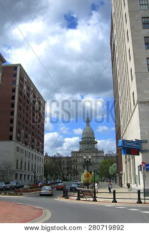 Lansing, Michigan - April 10: Downtown Streets And State Capitol Building On April 10, 2010 In Lansi