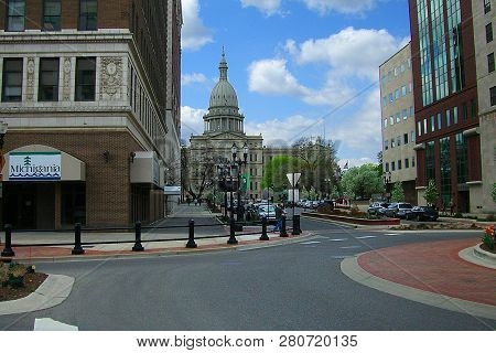 Lansing, Michigan - April 10: Downtown Streets And State Capitol Building On April 10, 2010 In Lansi