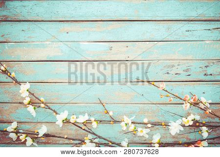 Cherry Blossom Flowers On Vintage Wooden Background, Border Design. Vintage Color Tone - Concept Flo