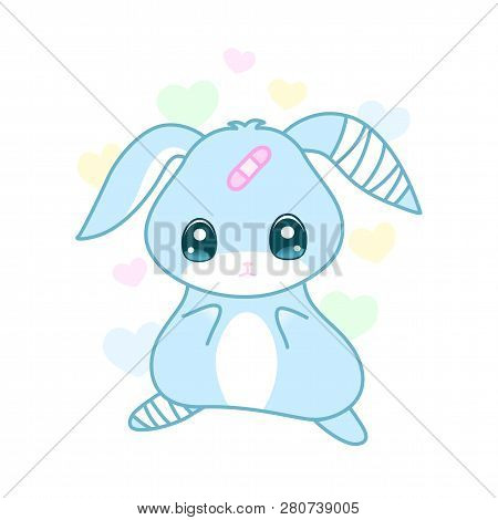 Cute Suffering Rabbit With Injured Ear And Leg In Yami Kawaii Style