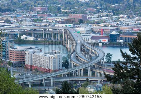 Portland, Oregon - April 14, 2014:  The View From Marquam Hill Upper Tram Station Of City Buildings 