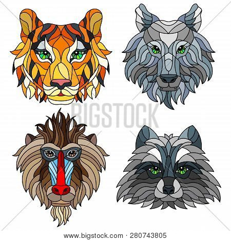 A Set Of Stained Glass Items, Stained Glass With Animal Heads, A Wolf, A Tiger, A Monkey And A Racco