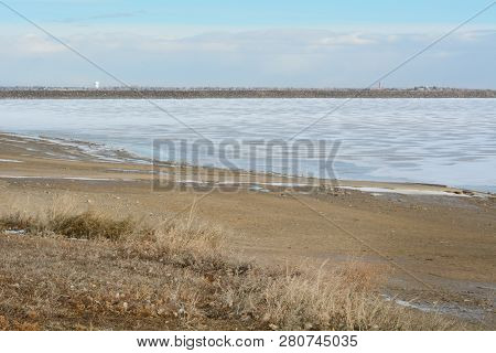 Winter Landscape Of Standley Lake In Westminster Colorado With Frozen Lake And Snow
