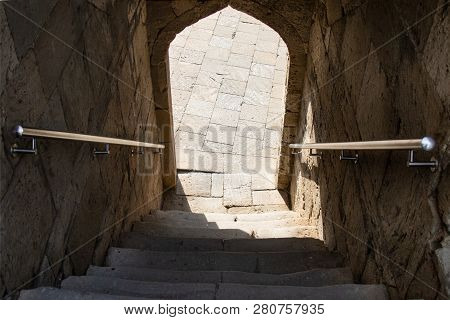 Stairs Down The Entrance Through The Arch, Shadow, Steps,way To The Future