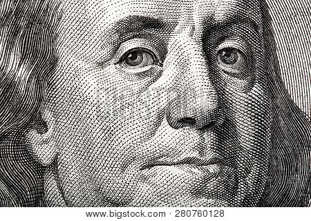 Portrait Of Ben Franklin On The Us 100 Dollar Bill In Macro For Your Unique Project.