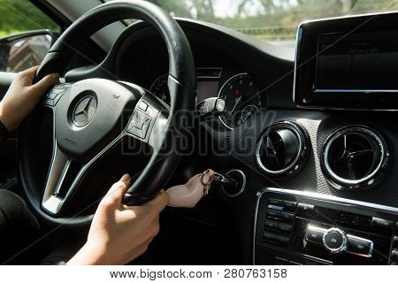Prague, The Czech Rep., July 08, 2017: Closeup Of Interior Luxury Car Mercedes-benz C-class