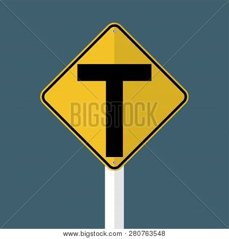 Junction Ahead,the Main Intersection Is T-shaped.sign Isolated On Grey Sky Background.vector Illustr