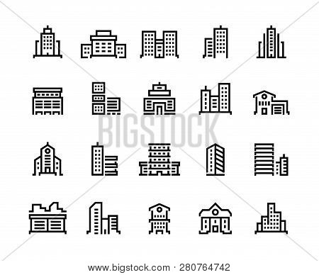 Building Line Icons. Business Center With Offices, Municipal Buildings, School And Hospital. City Co