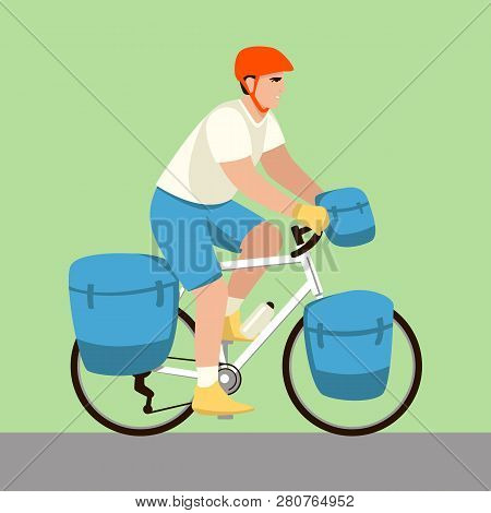 Man Travels By Bike  Vector Illustration Flat Style Profile Side