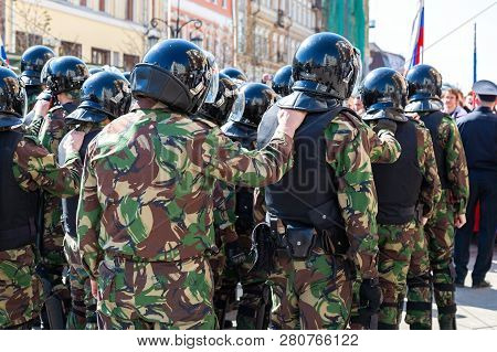 Samara, Russia - May 5, 2018: Counter Terrorist Squad Fighters During An Opposition Protest Rally