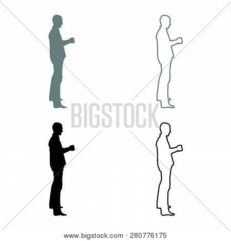 Man With Mug Standing Granata Icon Set Grey Black Color Vector Illustration Outline Flat Style Simpl