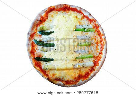 Fresh Asparagus Pizza Isolated On White Background. A Seasonal Speciality, Rarerly Served.