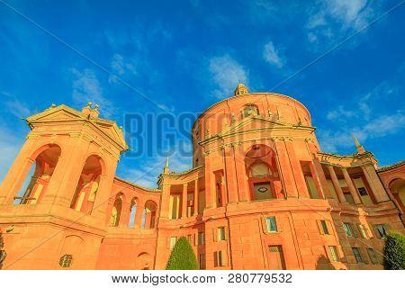 Sanctuary Of Madonna Di San Luca Basilica Church In A Sunny Day With Blue Sky. Central Facade Of Cat