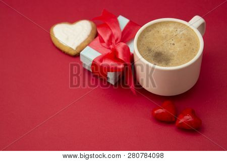 Good Morning With Hot Coffee, Lattee, Capuccino Drink Ored Background With Red Heart For Your Love, 