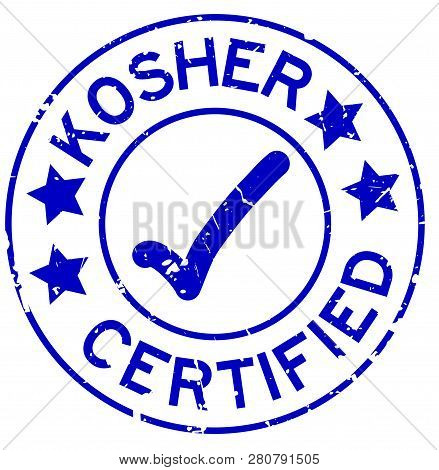Grunge Blue Kosher Certified Word With Mark Icon Round Rubber Seal Stamp On White Background