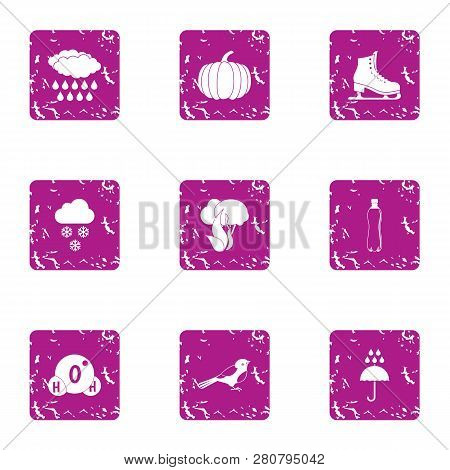 Natural Precipitation Icons Set. Grunge Set Of 9 Natural Precipitation Icons For Web Isolated On Whi