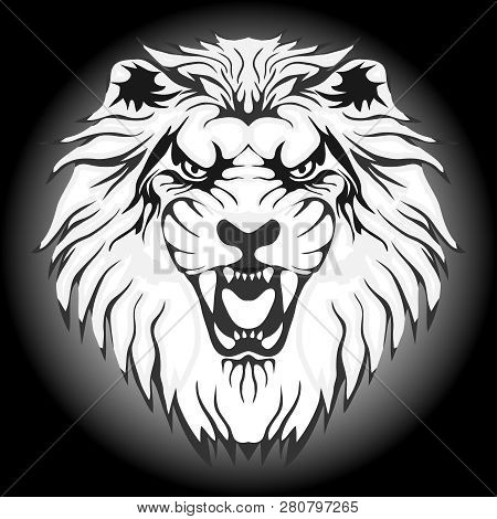 Lion, Lion Head With Open Mouth And Teeth. Cartoon Illustration Of A Lion. Vector.