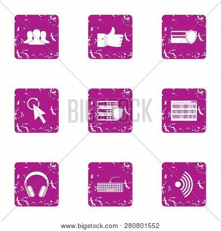 Computer Attack Icons Set. Grunge Set Of 9 Computer Attack Icons For Web Isolated On White Backgroun