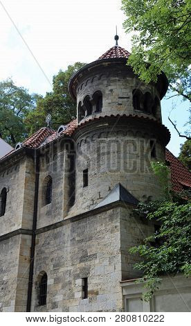 Prague, Czech Republic - August 23, 2016: Exterior Of The Tower Of The Ancient Building In Josefov A