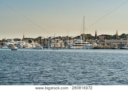 Boats Moored In The Bay Of Newport, Rhode Island
