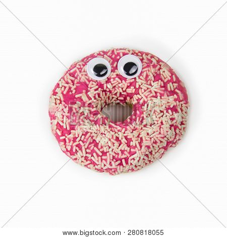 Colorful Glazed Donut With Funny Eyes On White Background Isolated