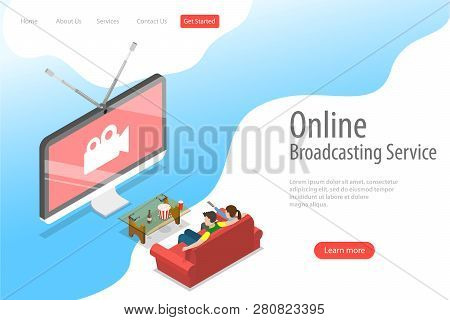Isometric Flat Vector Landing Page Template Of Smart Tv, Home Entertainment.