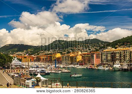 Nice, France - 2019. Nice Marina With Blue Sky, Luxury Resorts And Bay With Yachts. French Riviera.