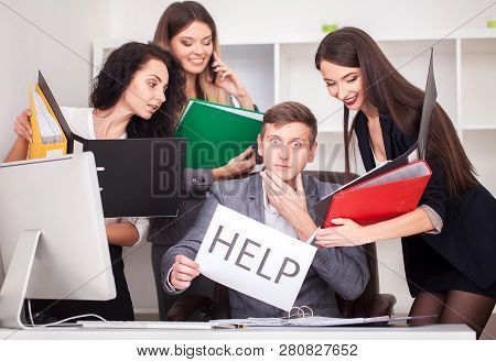 Frustrated Attractive Businessman In Her 20s Holding Help Sign Desparate Suffering Stress Overworked