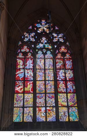 Prague, Czech Republic - June 14, 2017: Stained Glass Window In The Cathedral Of Prague.