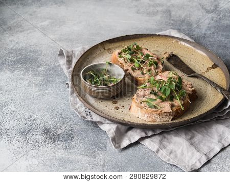 Two Toasts Duck With Prunes Rillettes Pate On White Bread With Sprouts And Various Seeds On A Vintag