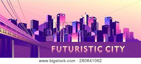 Vector Illustration, Night City Buildings Skyscrapers Big Railway Bridge With Passing Subway Train A