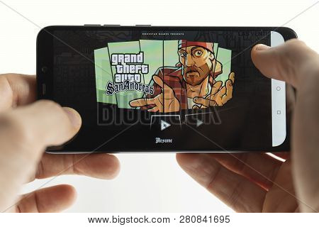 Sochi, Russia-january 27, 2018: A Man Is Playing In Minecraft Game On Smartphone