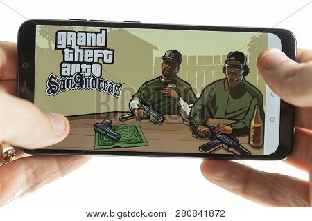 Sochi, Russia-january 27, 2018: A Man Is Playing In Minecraft Game On Smartphone