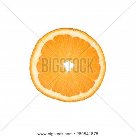 Thin Orange Fruit Slice Isolated On A White Background. Ctrus Round Slice. Food Background.